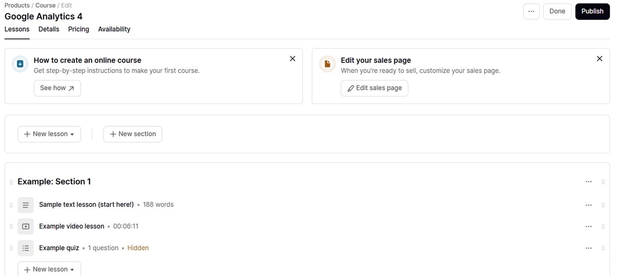 Podia's course interface
